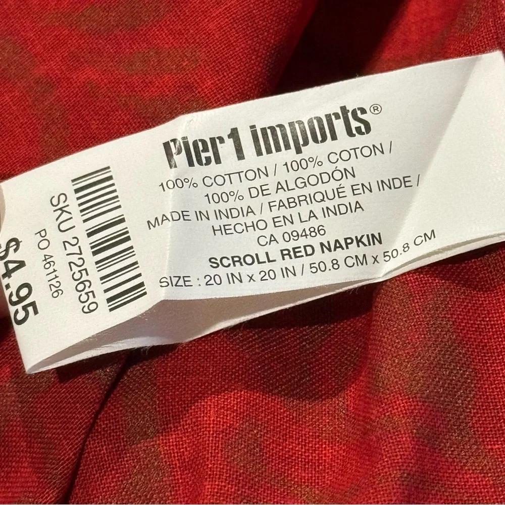 Pier 1 Imports Cloth Napkins - Set of 8 - Scroll Red Gold Cotton 20x20